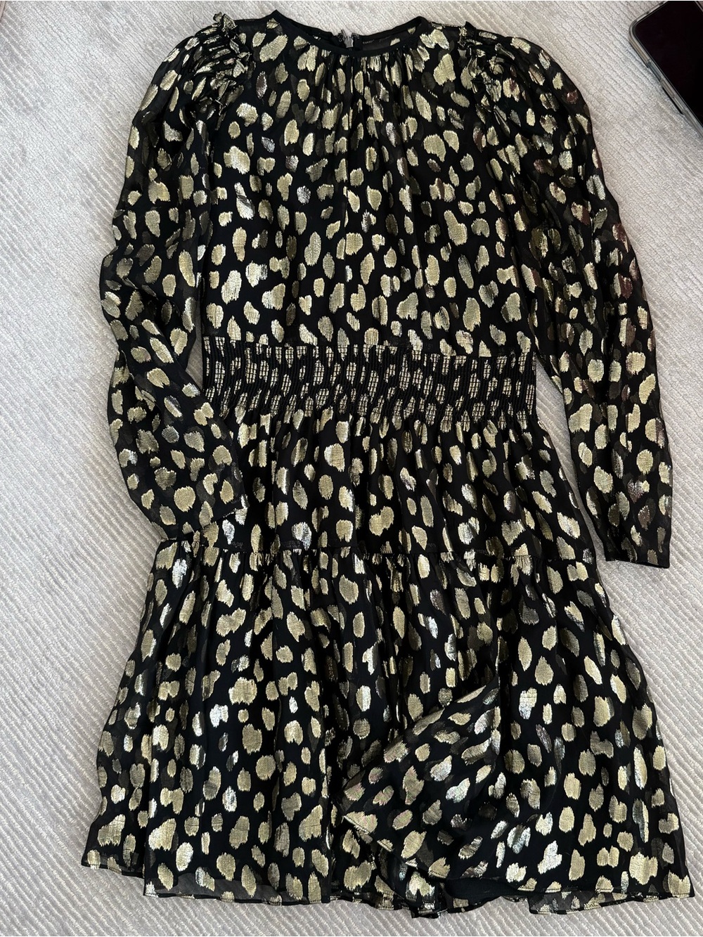Black and Gold Metallic Spot Dress - Smocked Waist, Long Sleeve